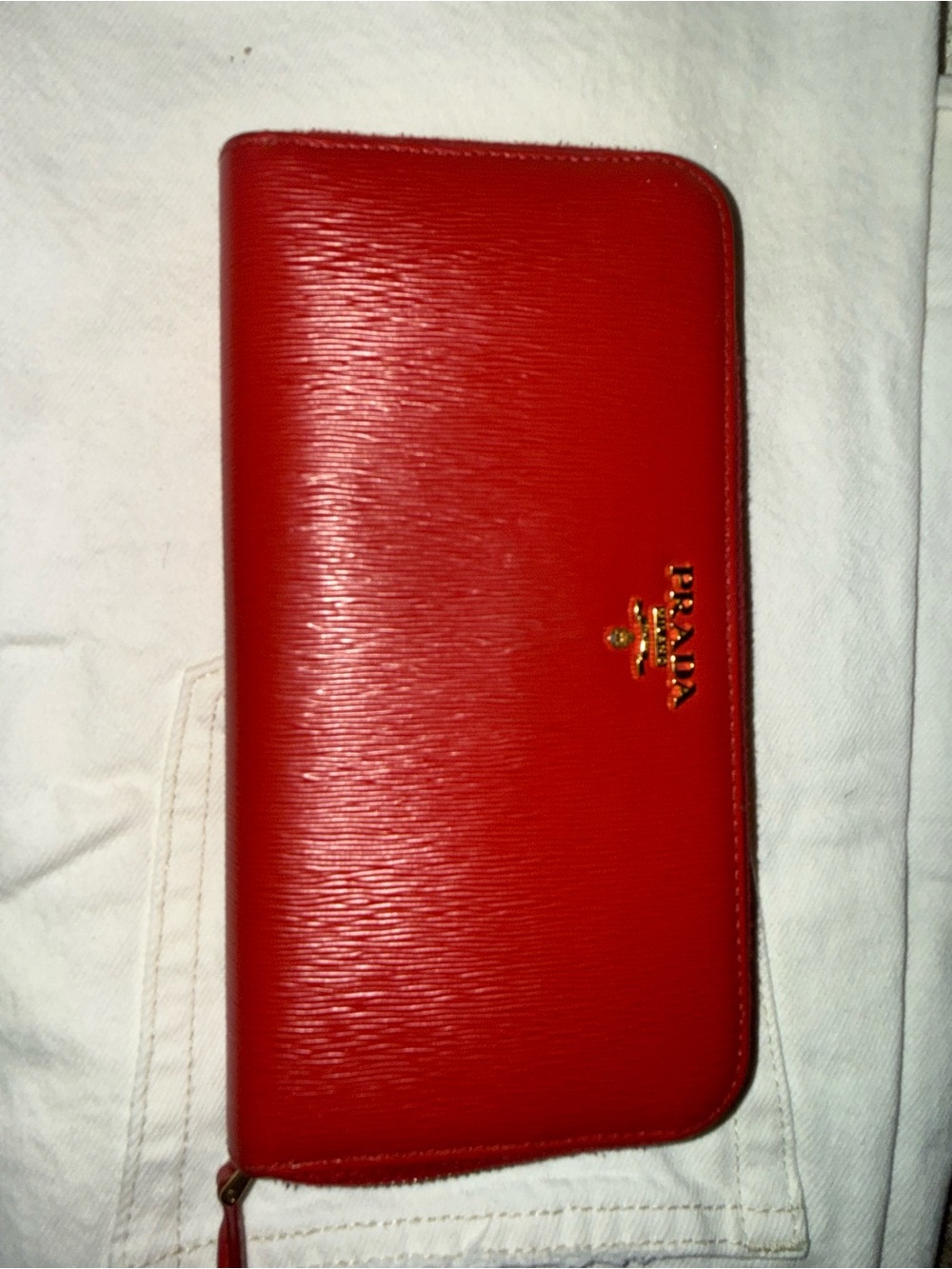 Prada Red Textured Zip Around Wallet with Gold Logo